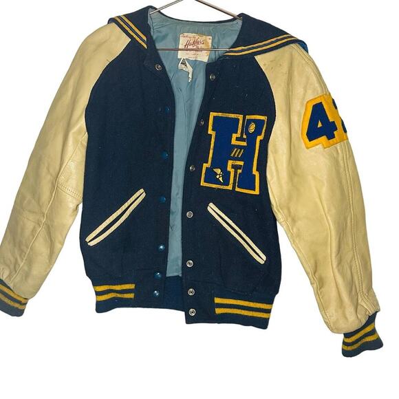 Vintage Hatchers Blue Gold 60s Letterman H University Leather Wool Jacket size S - Picture 1 of 12